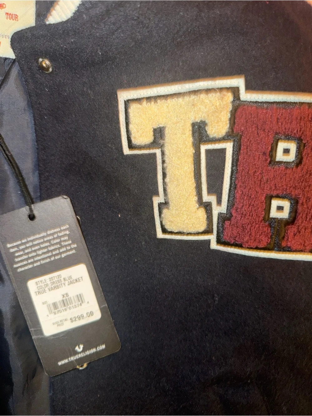 True Religion Black Varsity Jacket with Cream & Brown Patches